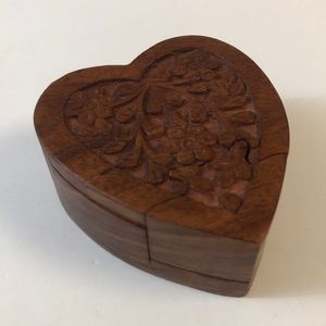 Wood Carved Heart Shaped Floral Trinket Puzzle Box